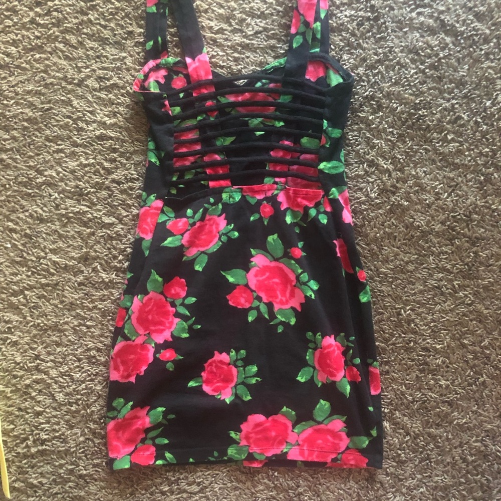 Strappy back black floral bodycon dress